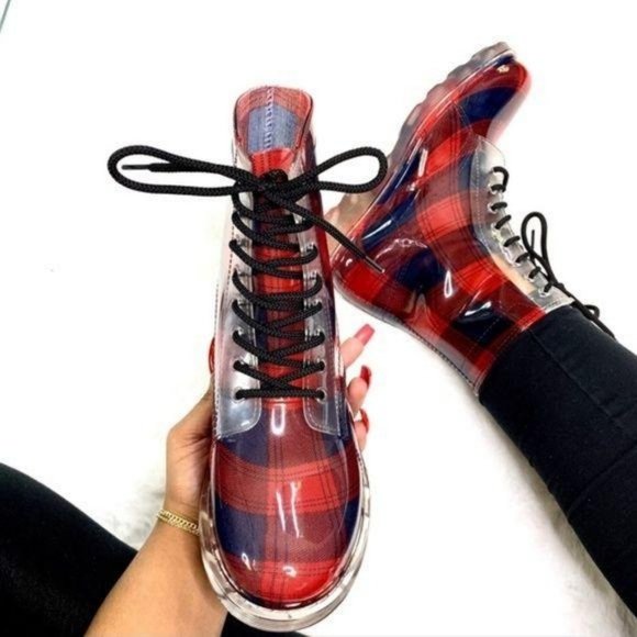!! NEW !! Plaid Lace Up Combat Style Rain Boots - Picture 2 of 11